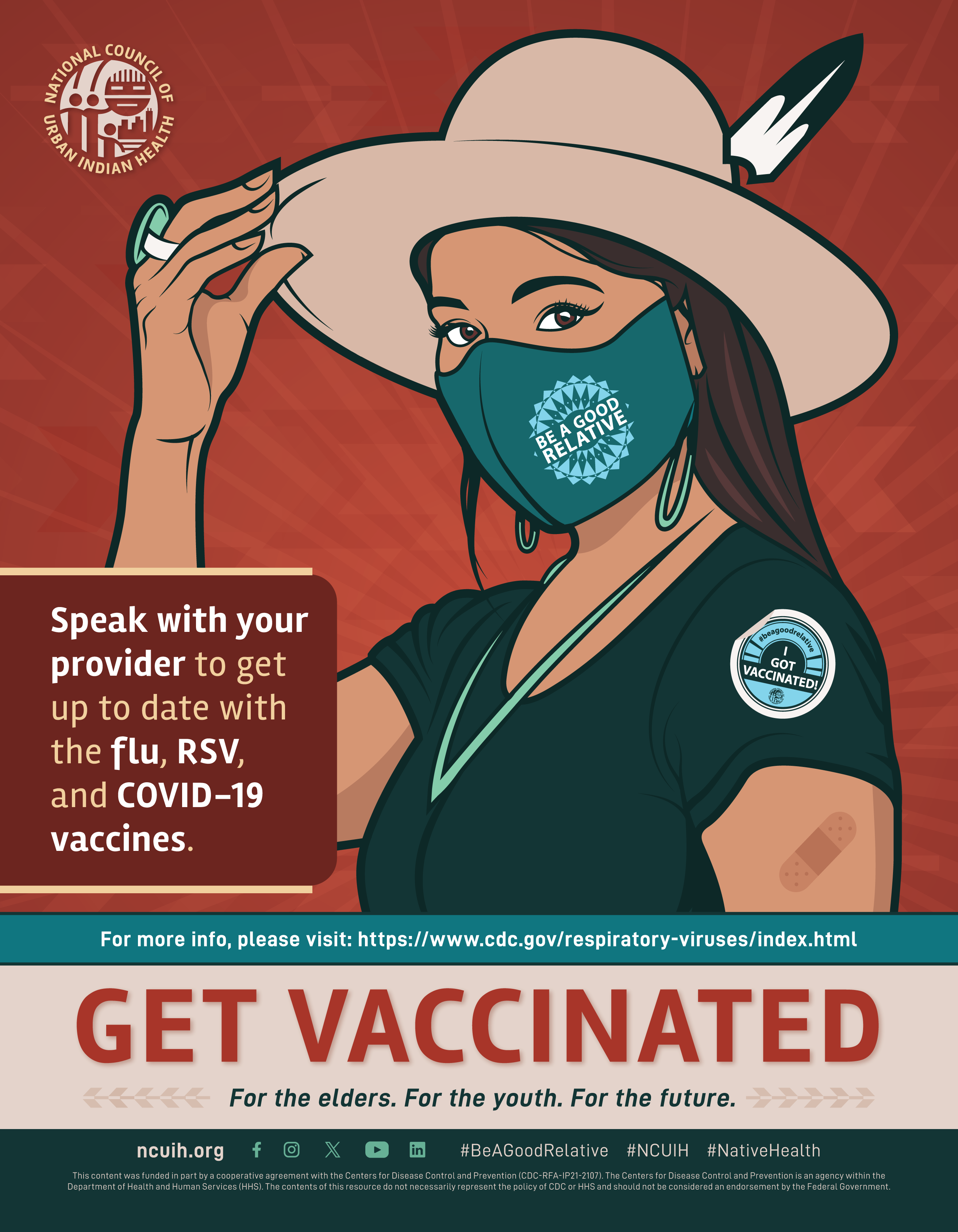 American Indian woman with a hat and mask over her nose and mouth and a bandage on her arm