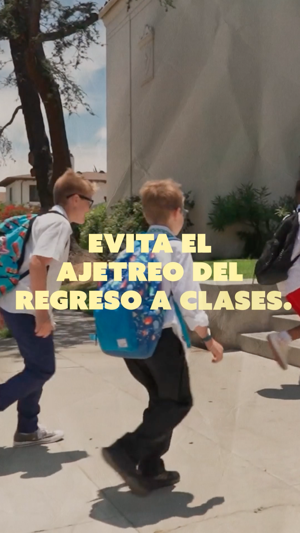 Video opens on a group of young kids running up school steps with yellow text that reads: “Beat the back-to-school rush!” The next frame is a blue background with yellow text that reads: “Schedule your child’s vaccines today!”