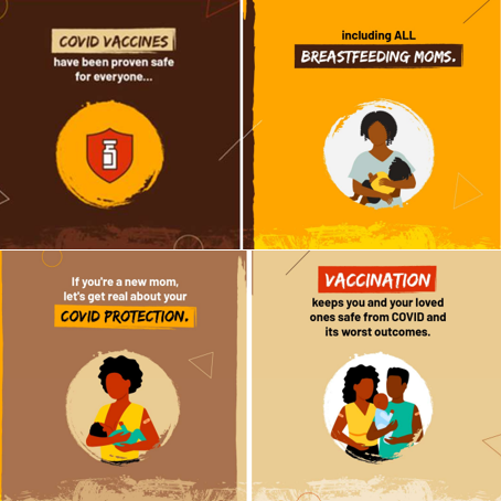 Four panels with a black and yellow color scheme contain images related to vaccines and pregnancy. The first image has a vaccine file, the second and third show a cartoon mother and baby, and the fourth shows a mother, father, and baby.