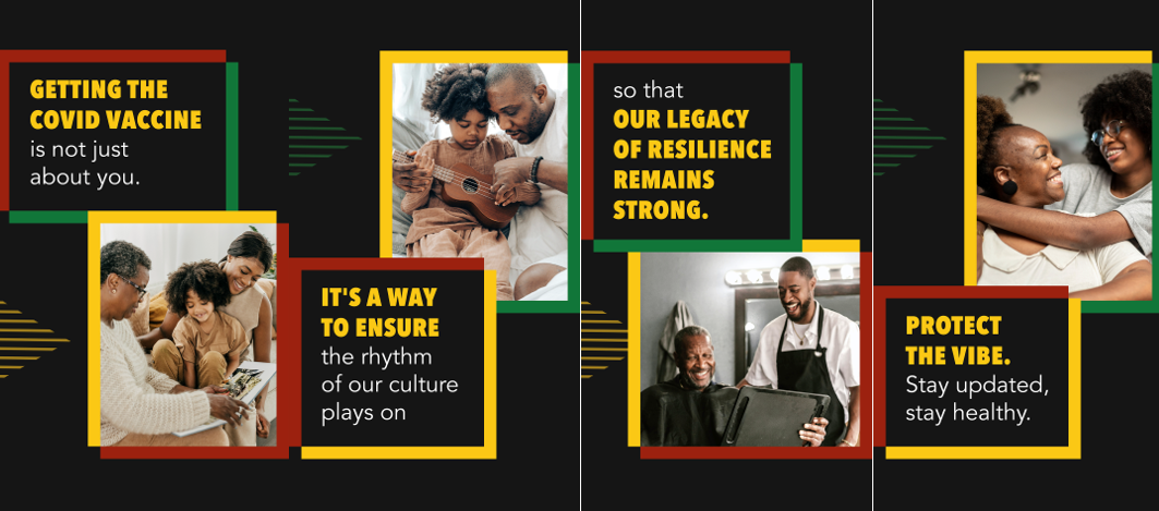 Four panels of images show a Black mother and grandmother reading to a little girl, a Black father playing a guitar with his son, two Black men at a barbershop, and two Black women embracing.