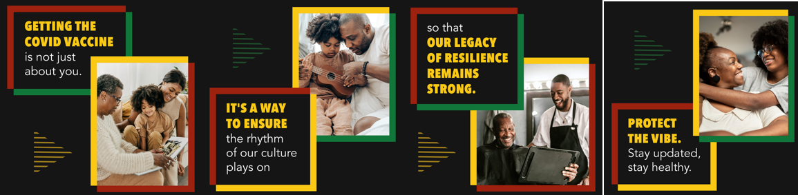 Four panels of images show a Black mother and grandmother reading to a little girl, a Black father playing a guitar with his son, two Black men at a barbershop, and two Black women embracing.