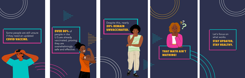 Series of panel images include cartoon illustrations of a Black man putting his hands on his head, a Black woman flexing and showing a band aid on her shoulder, a Black woman making a suprised expression, and a Black woman looking pensive.