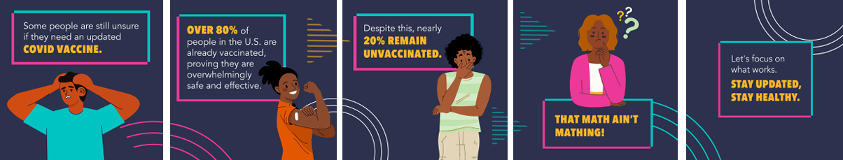 Series of panel images include cartoon illustrations of a Black man putting his hands on his head, a Black woman flexing and showing a band aid on her shoulder, a Black woman making a suprised expression, and a Black woman looking pensive.