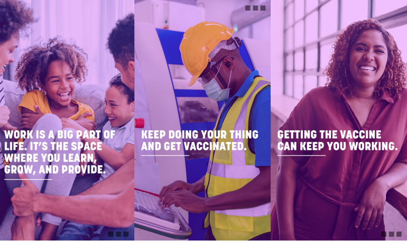 Three images of people in different settings with a purple tone and white text. 