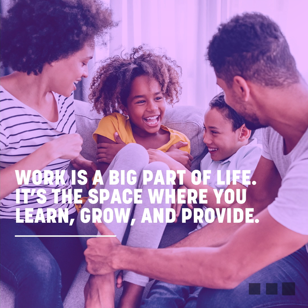 Image of a Black family, smiling together. Image has a purple hue and white text. 