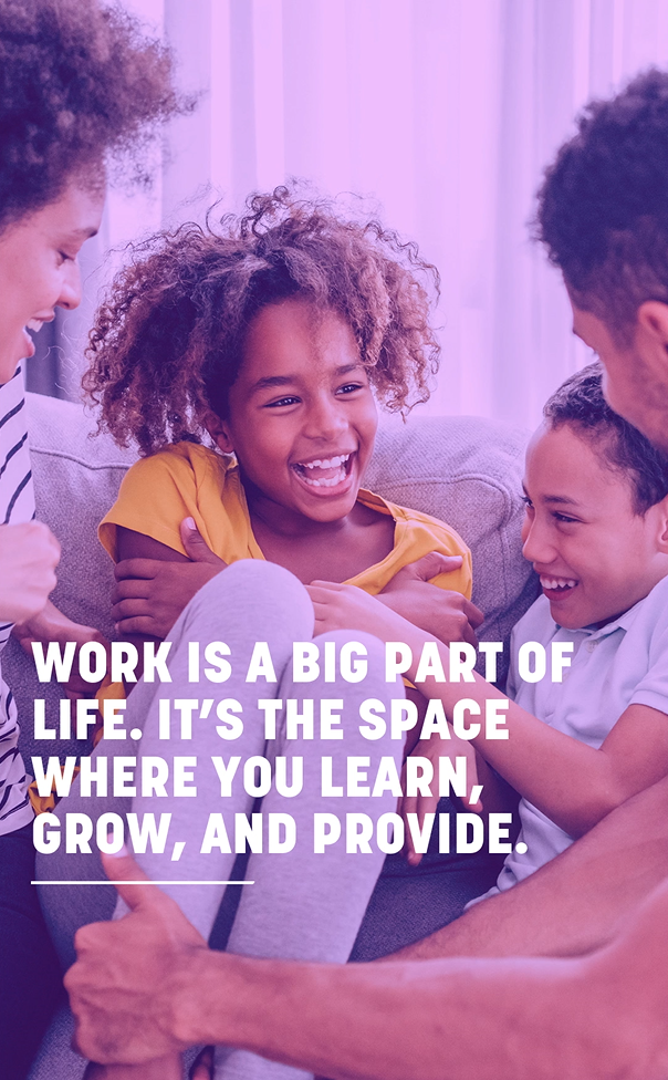 Image of a Black family, smiling together. Image has a purple hue and white text. 