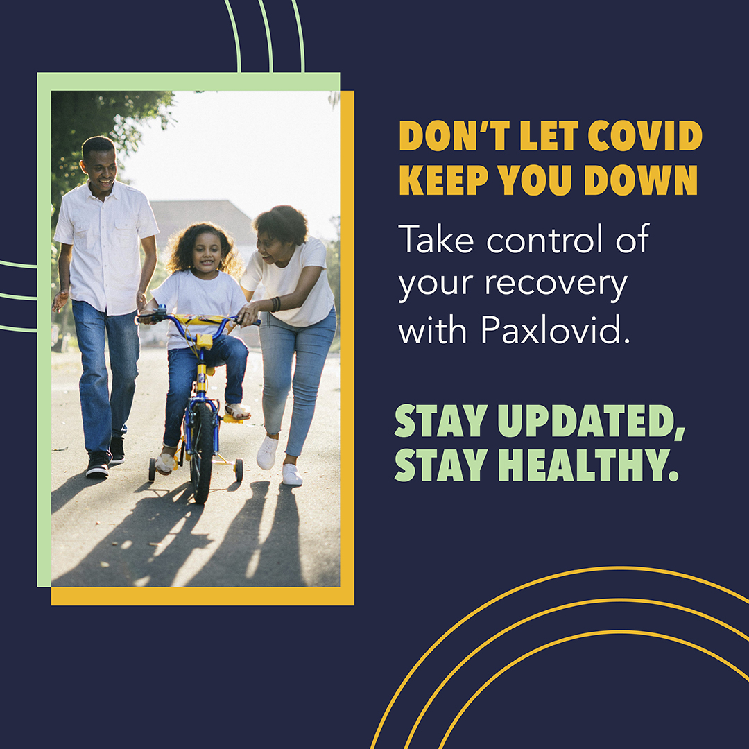 Graphic containing an image of a black family, with the young girl learning to ride a bike and being helped by her parents.