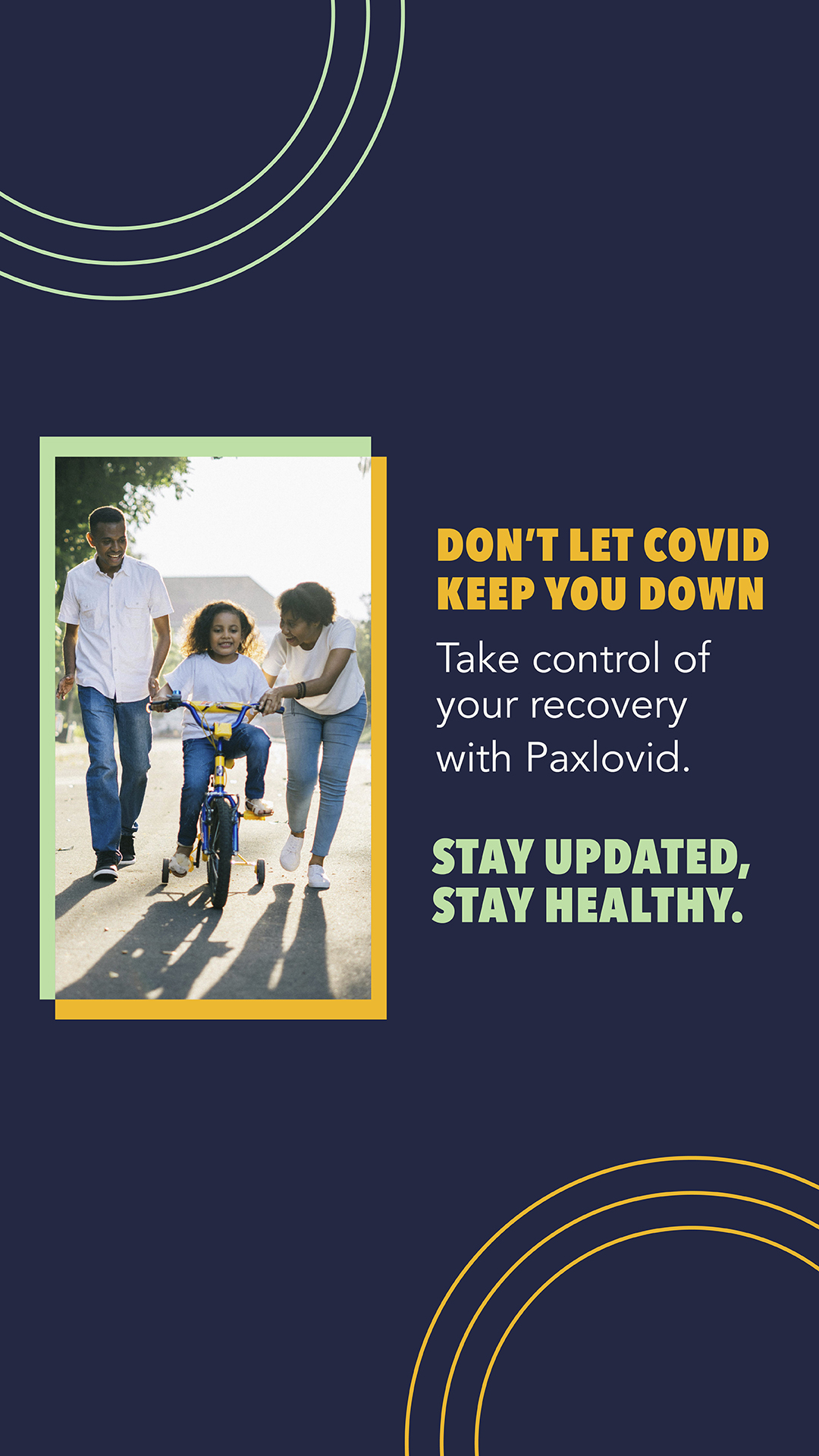 Graphic containing an image of a black family, with the young girl learning to ride a bike and being helped by her parents.