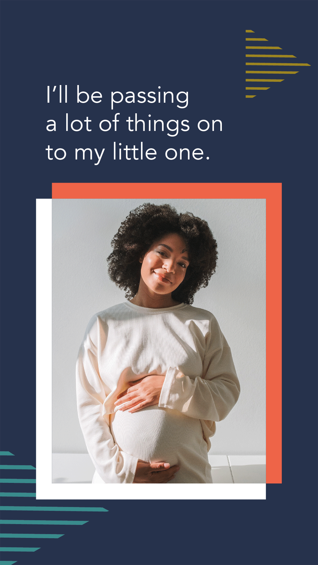 A Black pregnant woman smiles and places her hands over her stomach 