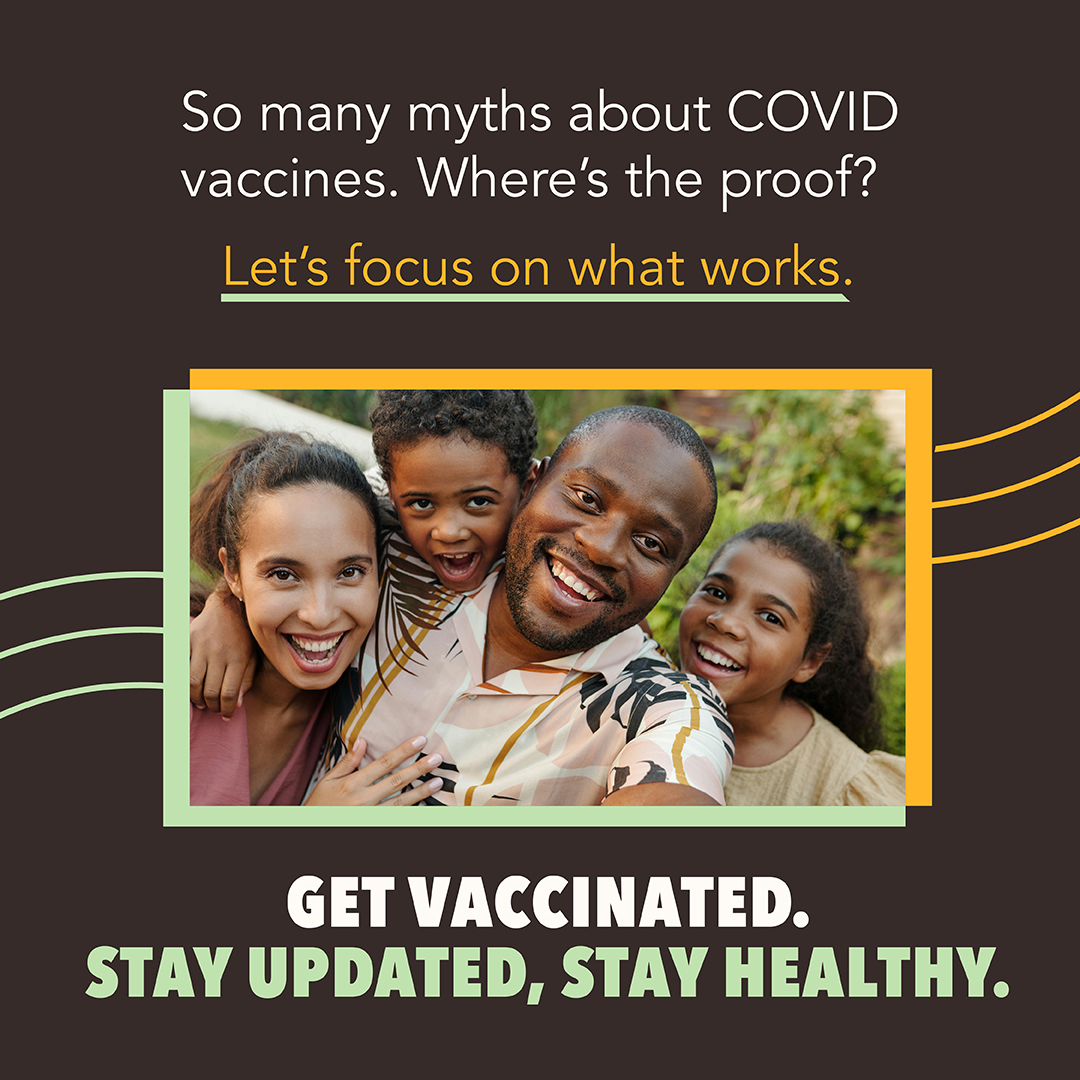 Graphic with an image of a black family smiling at the camera.