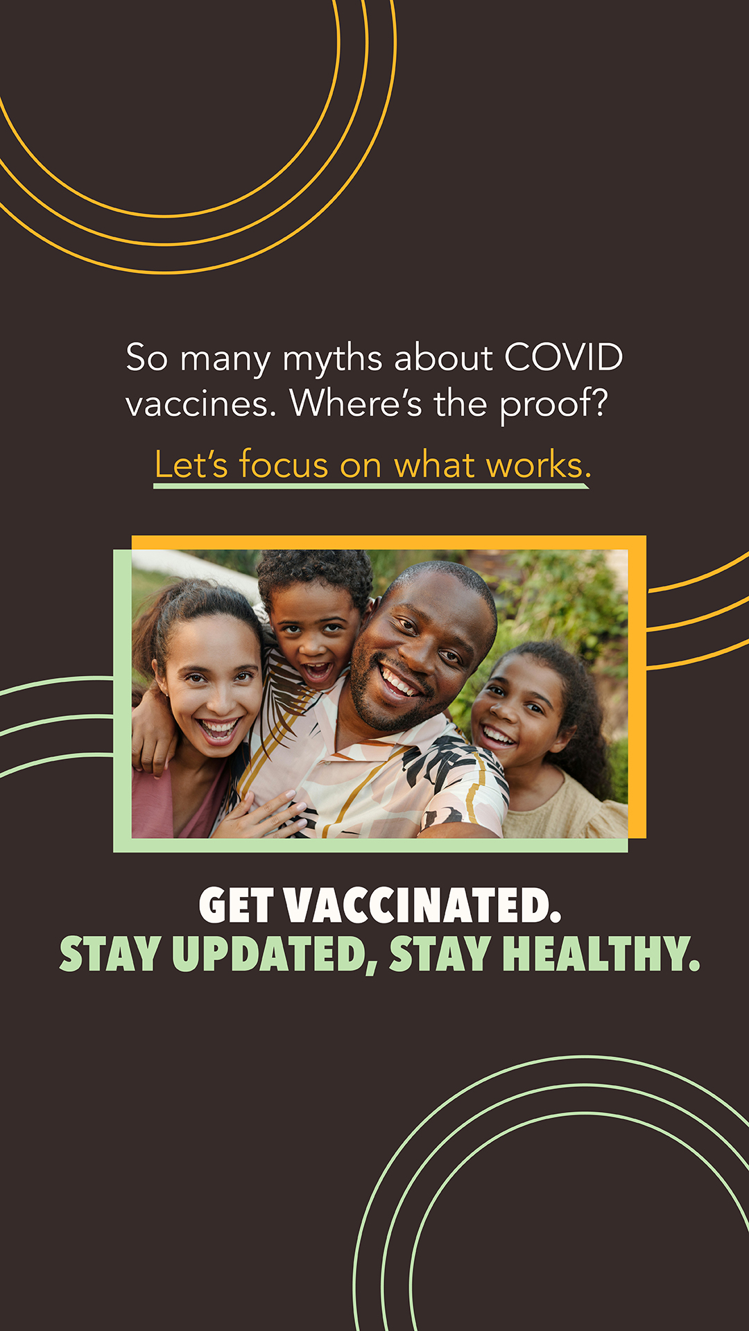 Graphic with an image of a black family smiling at the camera.