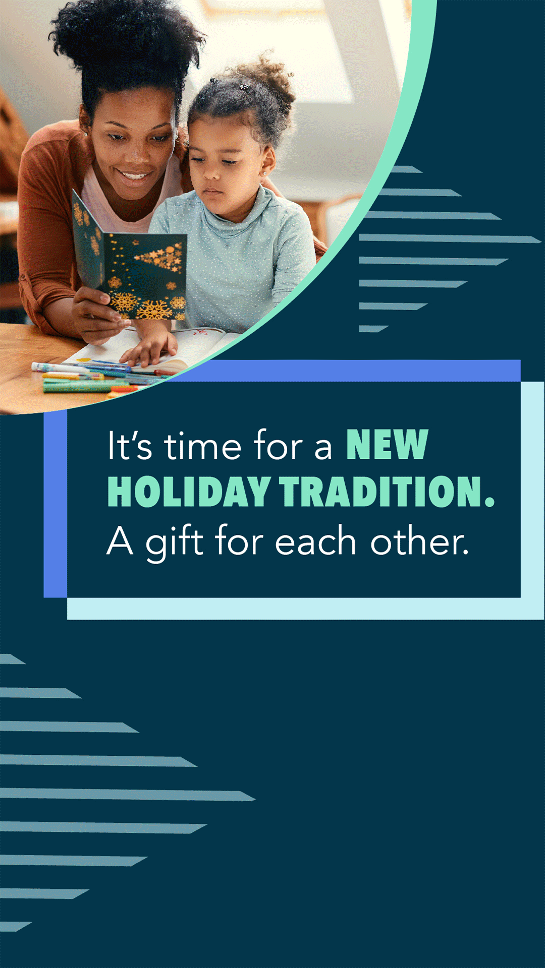 A black woman with her child reading a holiday card