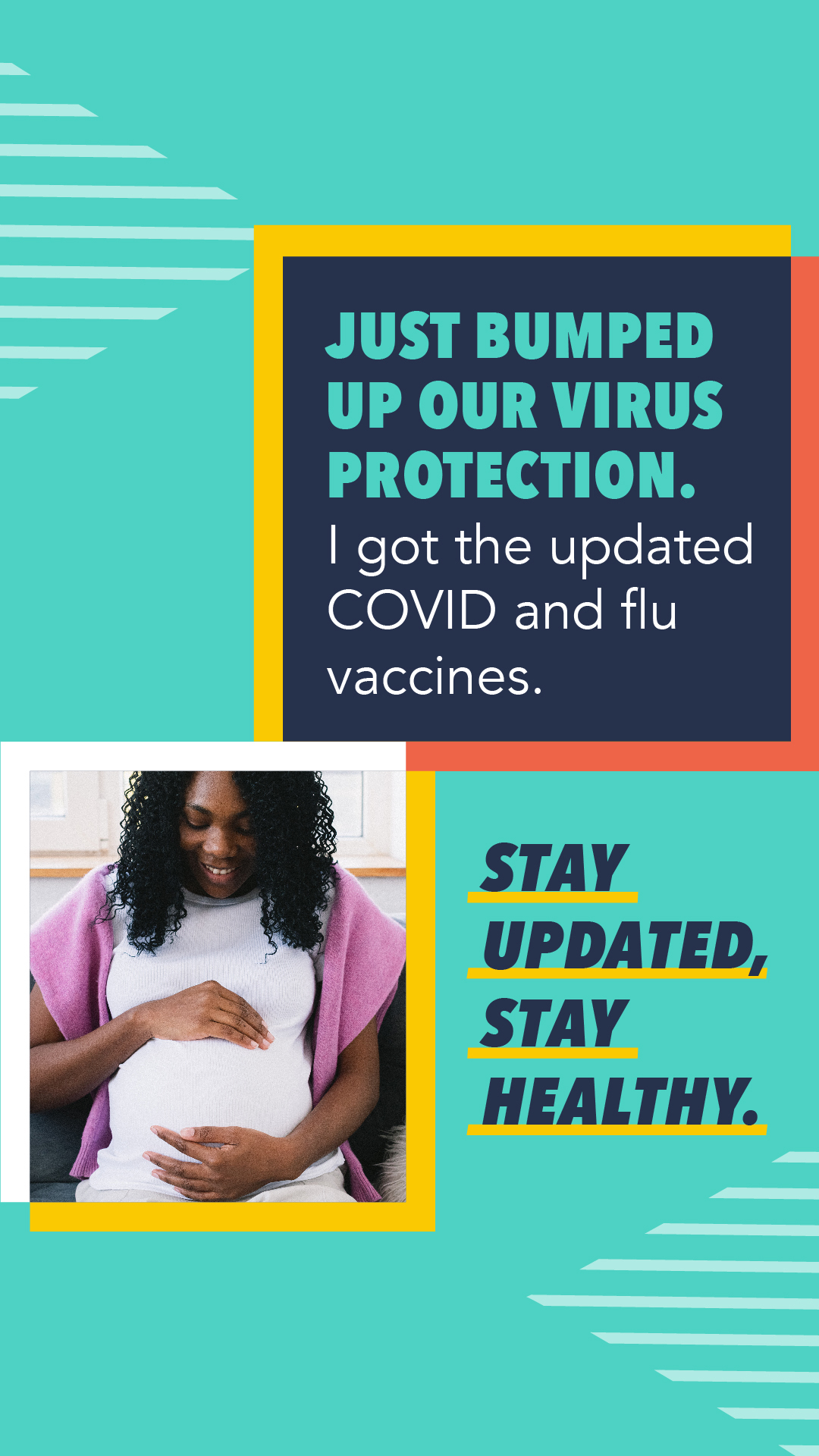 A Black pregnant woman smiles and touches her stomach 