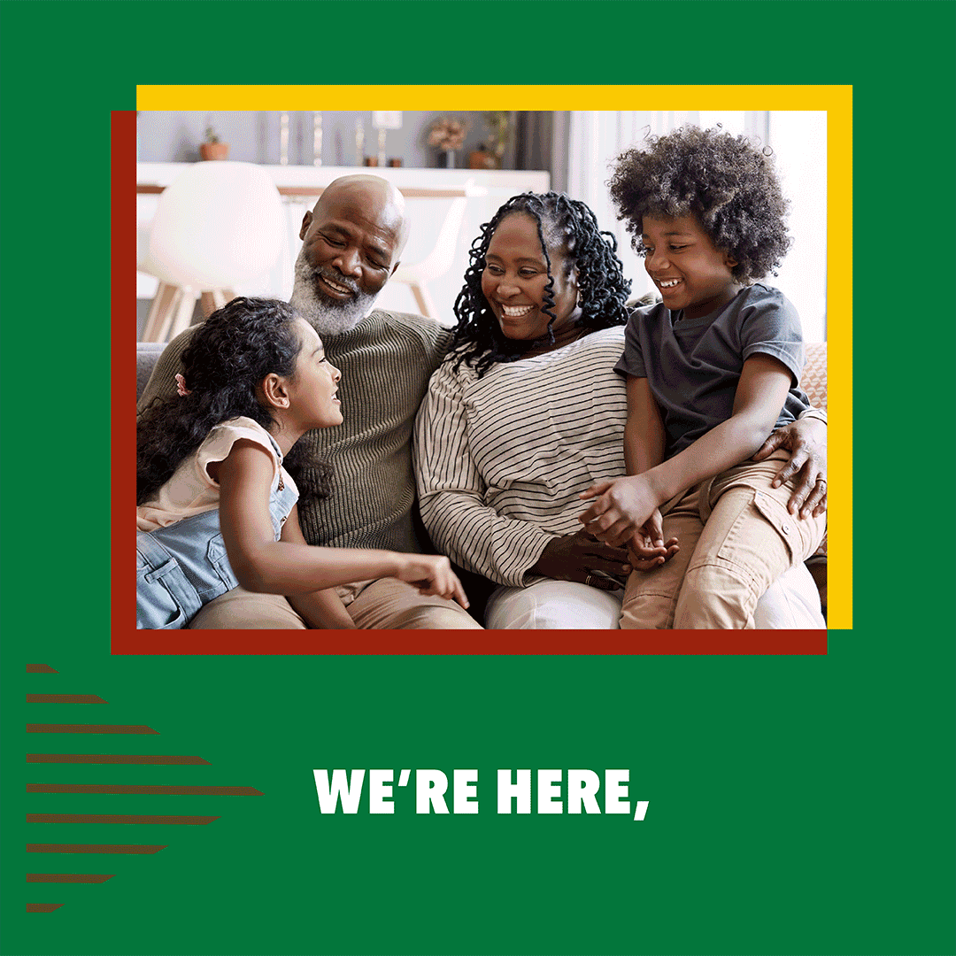 Video still shows a multigenerational Black family hugging and smiling.