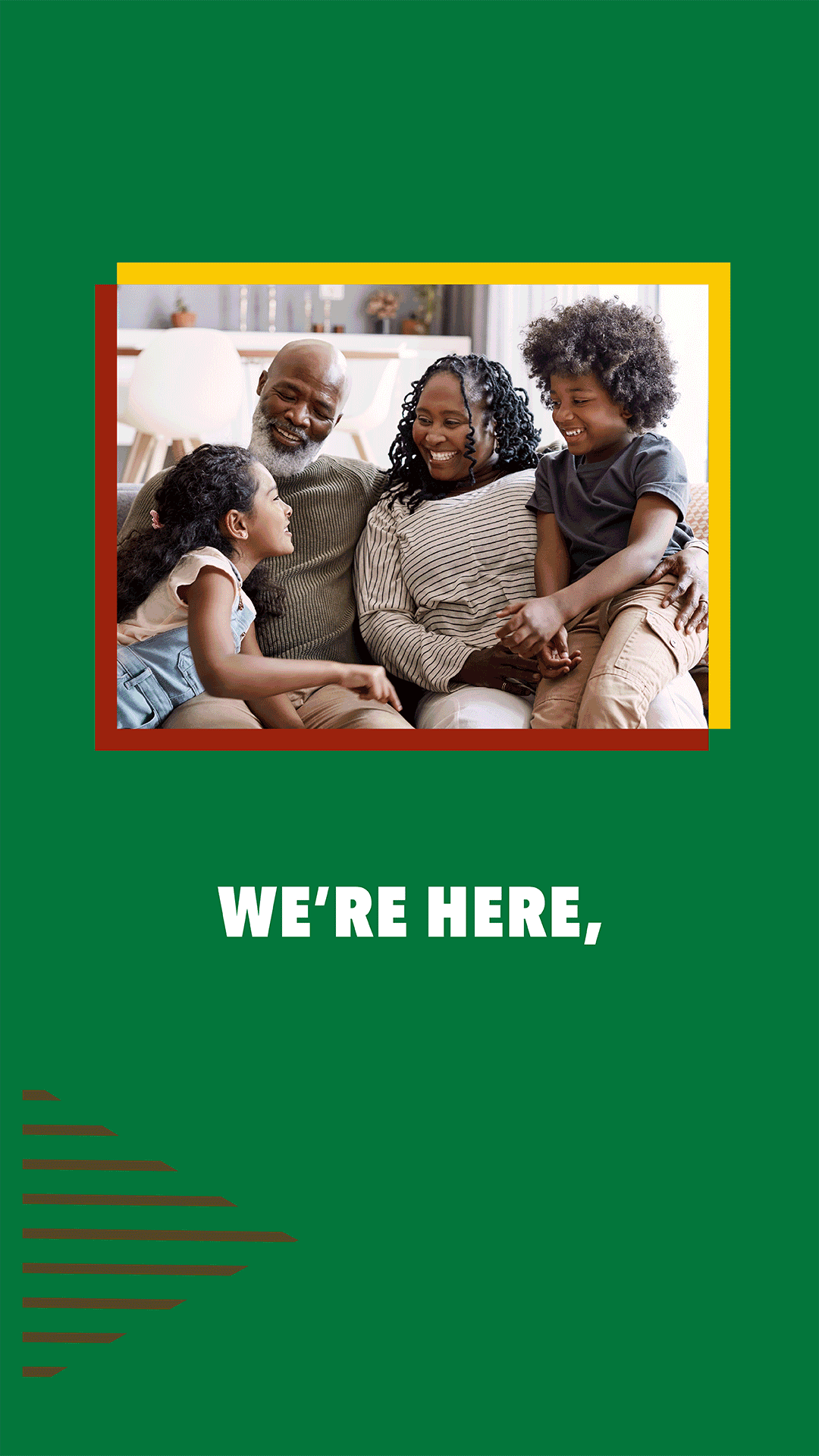 Video still shows a multigenerational Black family hugging and smiling.