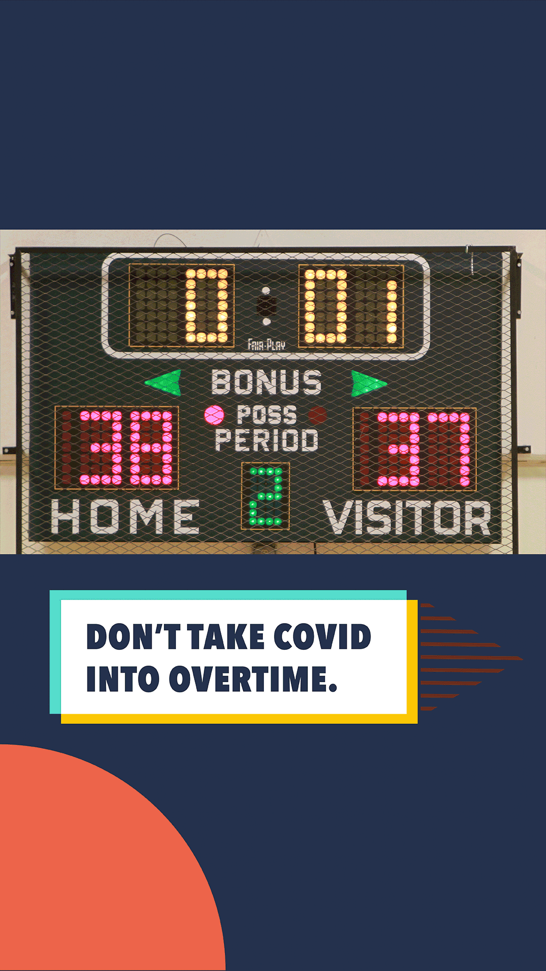 Image shows a scoreboard at a basketball game