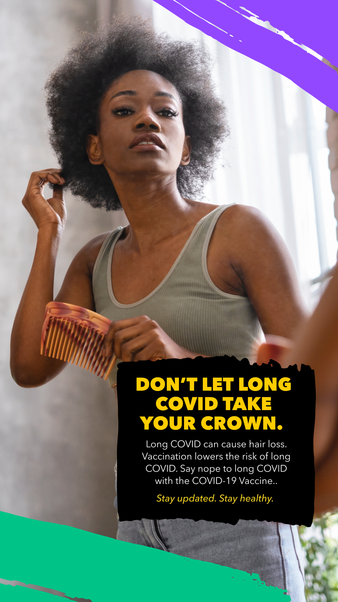 Black woman looks at herself in the mirror with a comb in her hand and touches her hair.