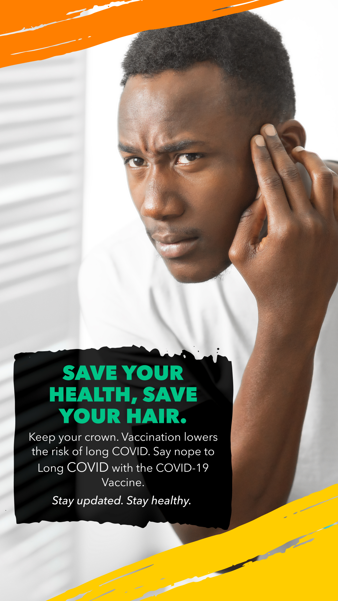 Black man looks in the mirror, touching his hairline and looking concerned.