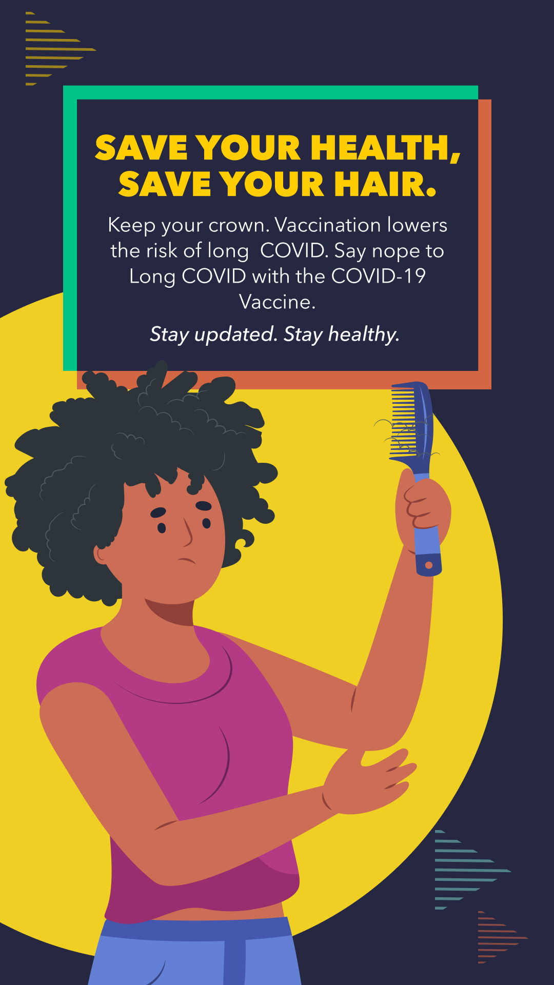 Black woman with a sad, concerned expression holds up her comb, which has loose strands of hairs.