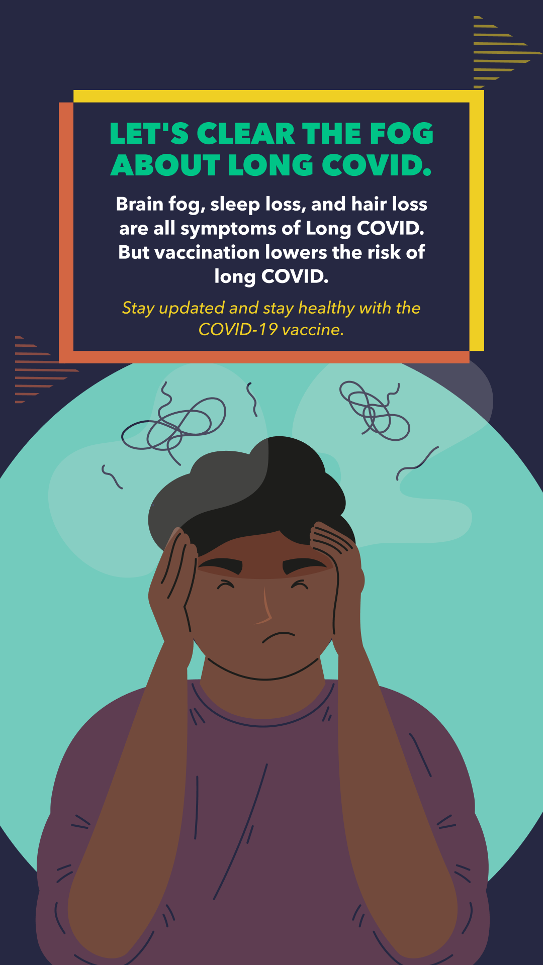 Cartoon illustration shows a young Black man looking uncomfortable as he rubs his temples.