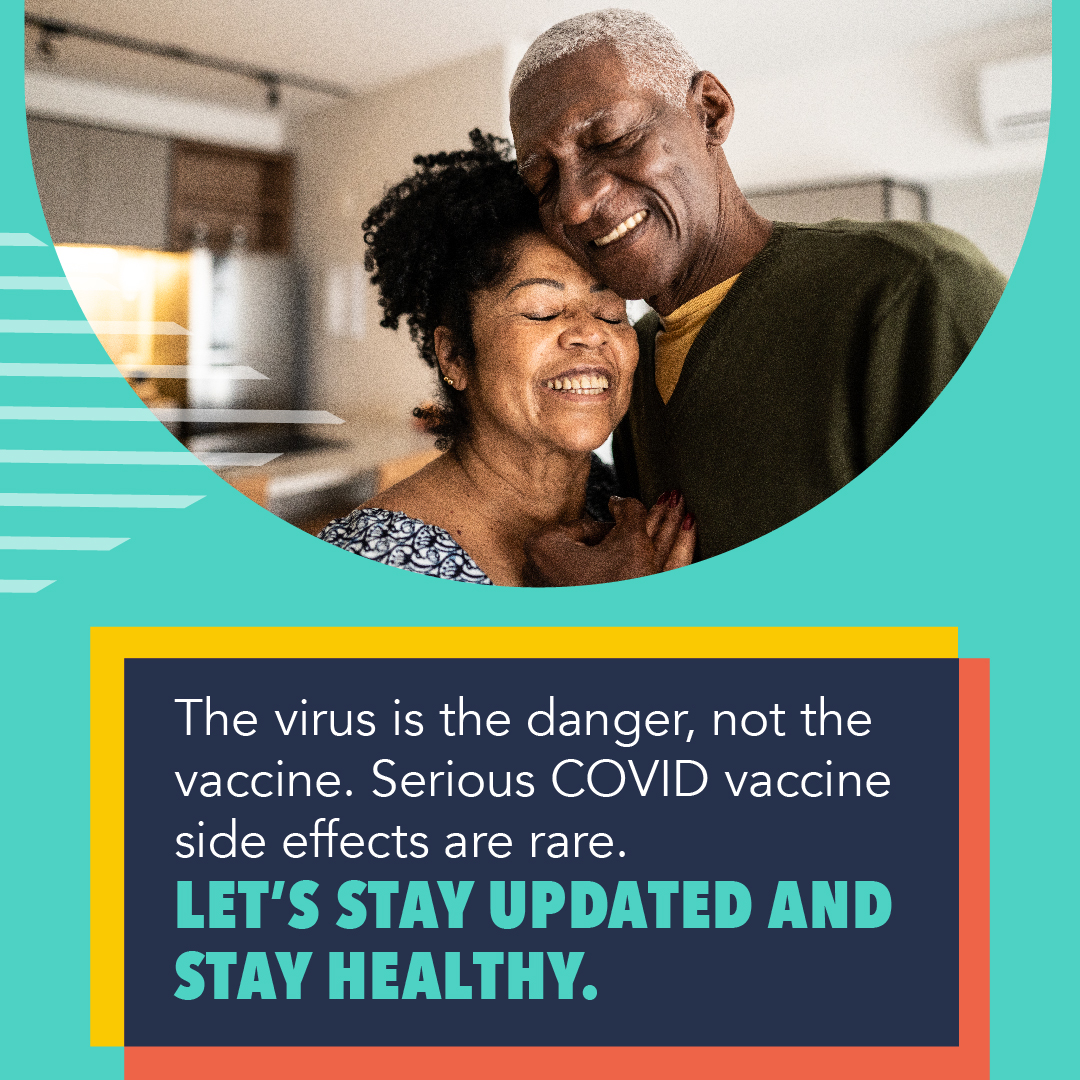 Graphic shows an older Black woman and an older Black man hugging and smiling.