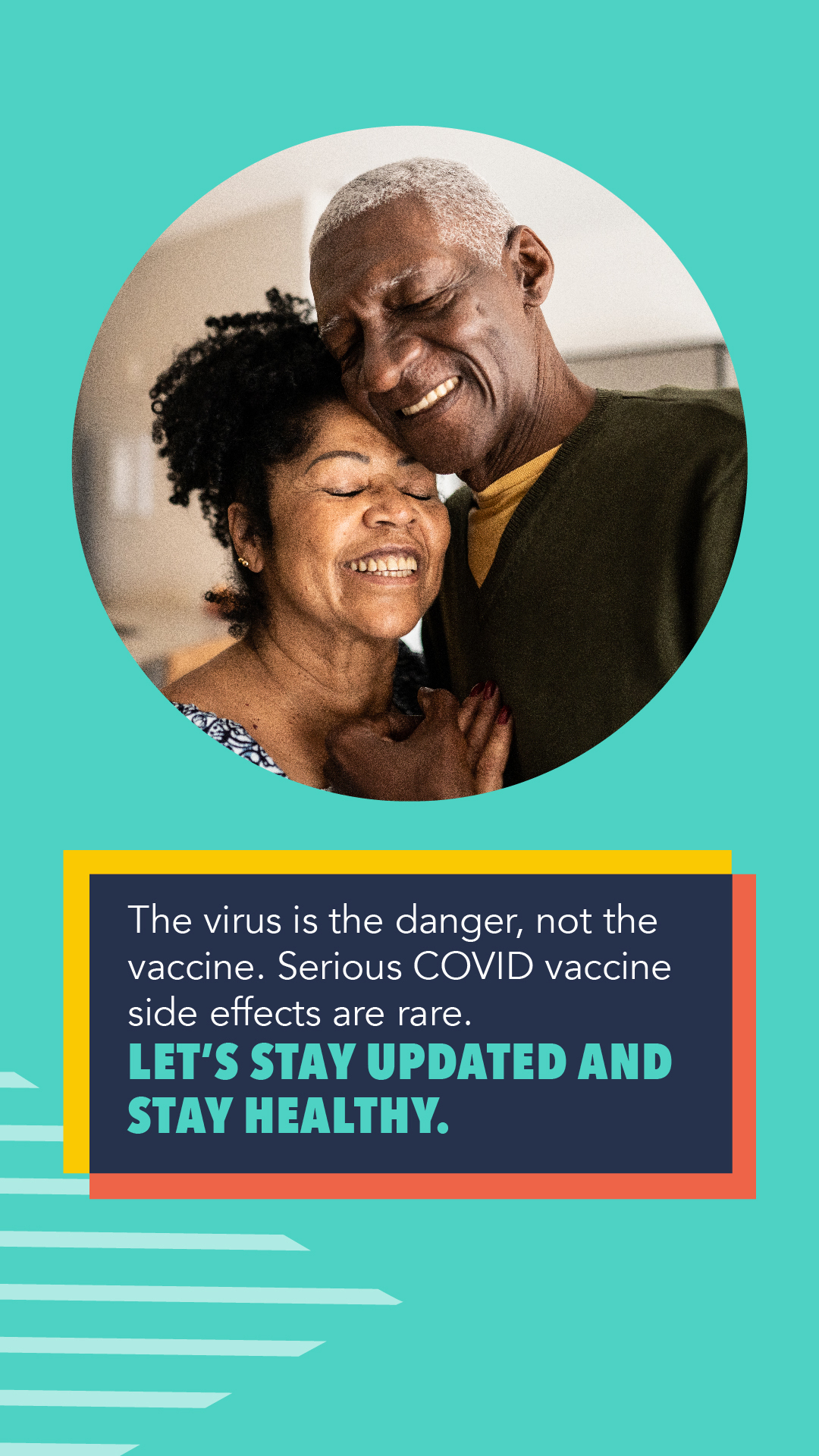 Graphic shows an older Black woman and an older Black man hugging and smiling.