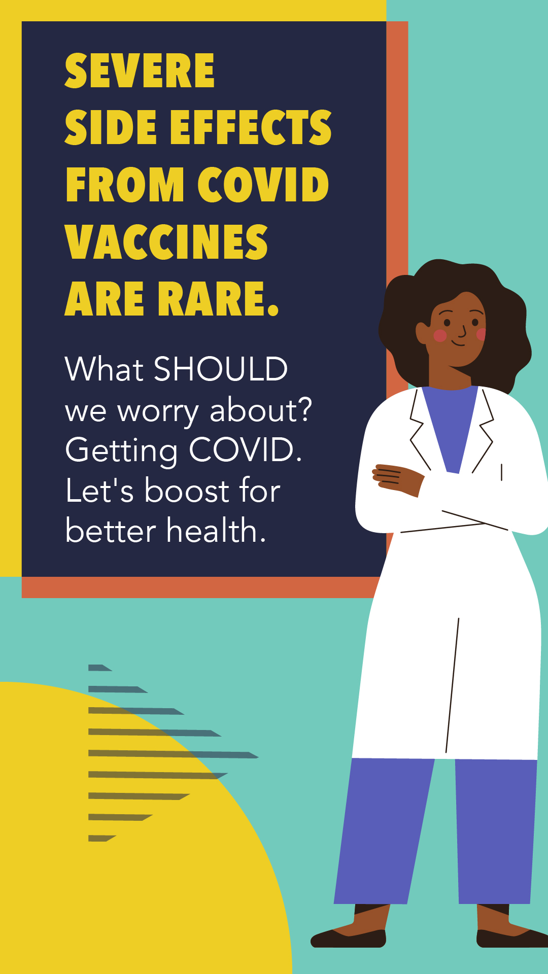 A female doctor of color stands smiling with her arms crossed, in a white lab coat.