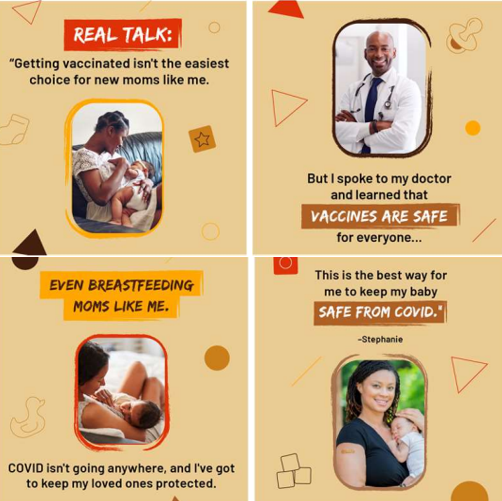 Panel of four images. The first shows a mother holding her baby and smiling, the second shows a doctor crossing his arms and smiling, the third shows a mother nursing her baby, and the fourth shows a mother holding her baby and smiling.