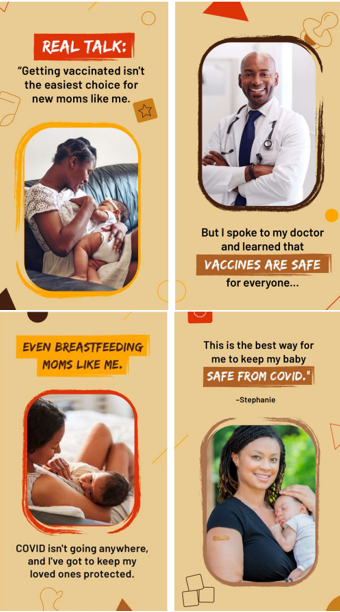 Panel of four images. The first shows a mother holding her baby and smiling, the second shows a doctor crossing his arms and smiling, the third shows a mother nursing her baby, and the fourth shows a mother holding her baby and smiling.