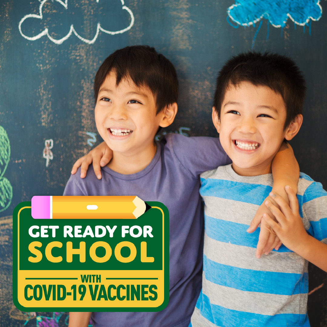 Two boys hug each other and smile. Logo in bottom left reads "Get ready for school with COVID-19 vaccines"