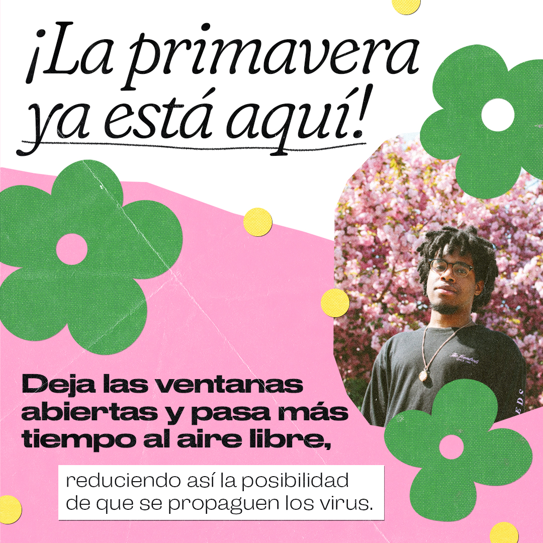 Graphic shows a Black young man standing in front of a cherry blossom tree, indicating Spring is here.