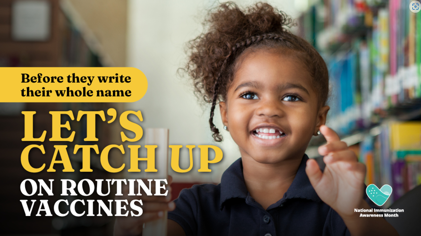 A young Black girl wearing earrings and a collared shirt smiles widely in front of a library backdrop.