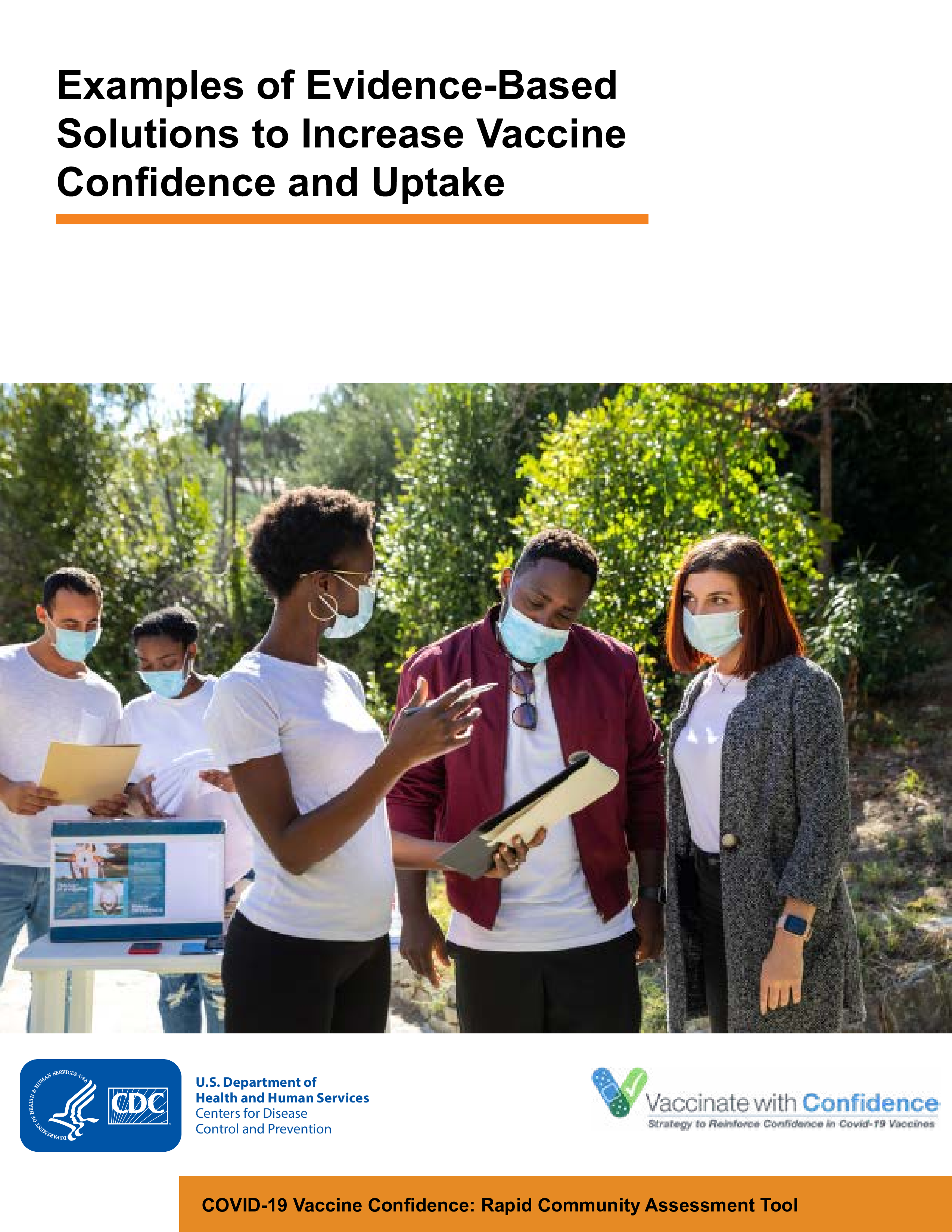 A Black woman in a mask reads a checklist to two people wearing masks. 