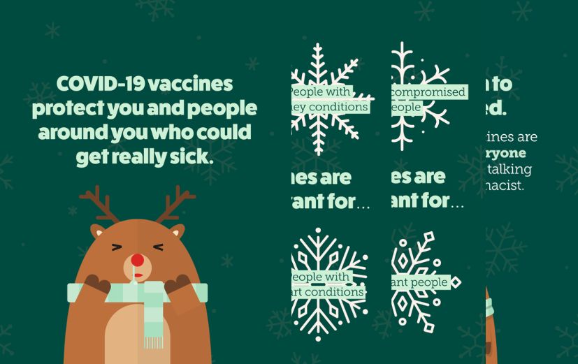 Four slides with a blue snowflake background. 1) Cute reindeer bear in scarf with text emphasizing that COVID-19 vaccines protect you and those around you. 2-3) Snowflakes listing high‑risk groups: older adults, immunocompromised people, young children, pregnant people, and people with lung, kidney, or heart disease or diabetes. 4) Same bear with text encouraging vaccination for everyone 6 months and older after talking with a clinician.