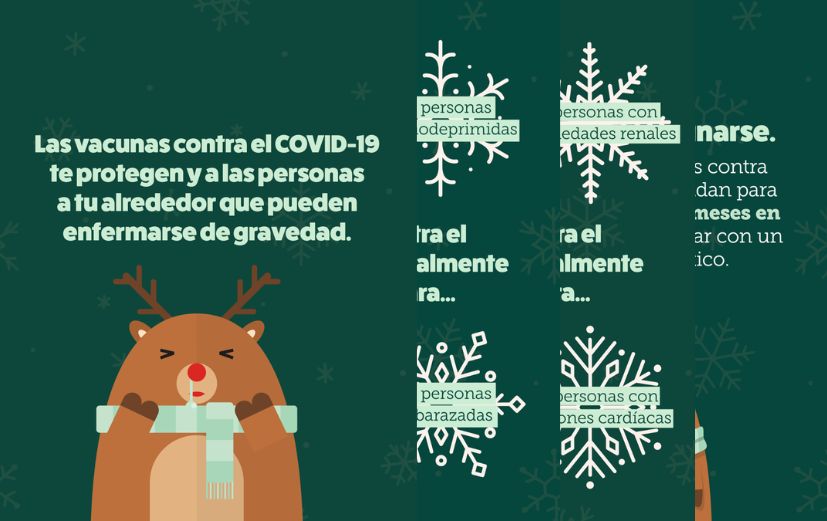 Four slides with a blue snowflake background. 1) Cute reindeer bear in scarf with text emphasizing that COVID-19 vaccines protect you and those around you. 2-3) Snowflakes listing high‑risk groups: older adults, immunocompromised people, young children, pregnant people, and people with lung, kidney, or heart disease or diabetes. 4) Same bear with text encouraging vaccination for everyone 6 months and older after talking with a clinician.