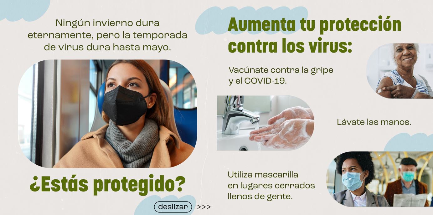 Set of two carousel post images. Image one is a woman wearing a mask on public transportation. Image three contains three photos, one of an elderly black woman smiling and pointing to a bandage on her arm, the second picture is of a faucet and hands washing, and the third is of two individuals on public transportation wearing masks.