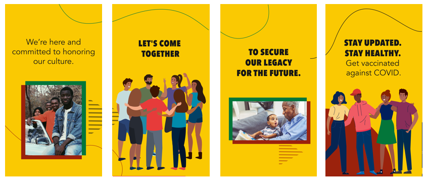 Carousel post that includes four sequential graphics for social media. Graphic one is a picture of four black teenagers smiling at the camera, graphic two is digital art of a group of people in a circle talking. Graphic three is a picture of an elderly black man holding a baby. Graphic four is digital art of four young adults smiling with their arms around each other.