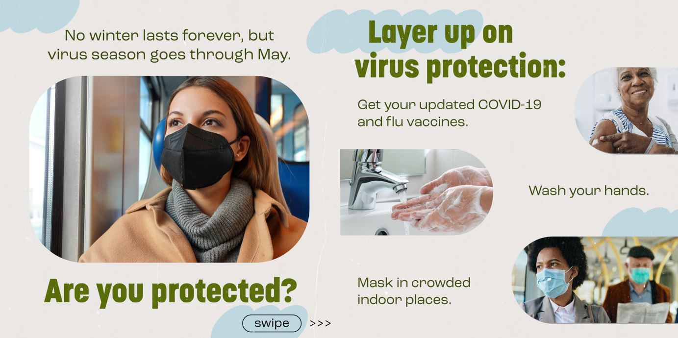 Set of two carousel post images. Image one is a woman wearing a mask on public transportation. Image three contains three photos, one of an elderly black woman smiling and pointing to a bandage on her arm, the second picture is of a faucet and hands washing, and the third is of two individuals on public transportation wearing masks.