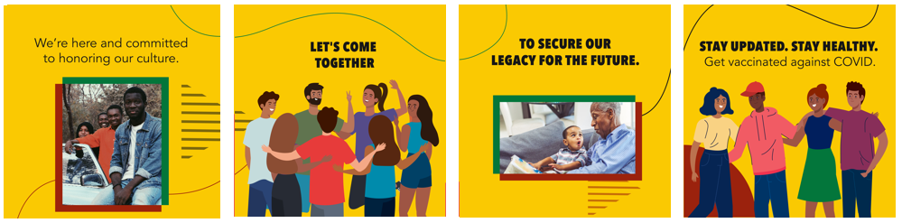 Carousel post that includes four sequential graphics for social media. Graphic one is a picture of four black teenagers smiling at the camera, graphic two is digital art of a group of people in a circle talking. Graphic three is a picture of an elderly black man holding a baby. Graphic four is digital art of four young adults smiling with their arms around each other.