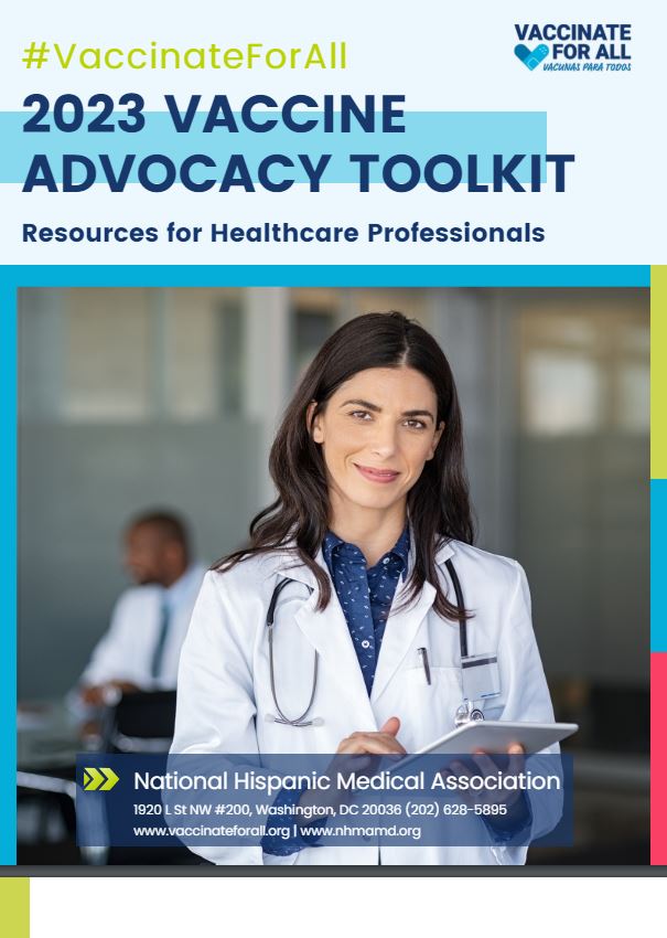 Smiling female healthcare professional with long dark brown hair wearing a lab coat. The vaccinate for all logo is at the top right corner and National Hispanic Medical Association name and information is at the bottom.
