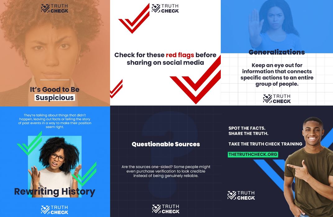 Graphic containing six social media posts, four of which have images of people. The first is a black woman looking at the camera with one eyebrow raised. The second is a black woman holding her hand in front of her and her palm toward the camera, indicating 'stop'. The third is a black woman with glasses with her hands up in a gesture indicating she is confused. The fourth is a black man smiling and pointing to his side, indicating where a URL for the website is located.