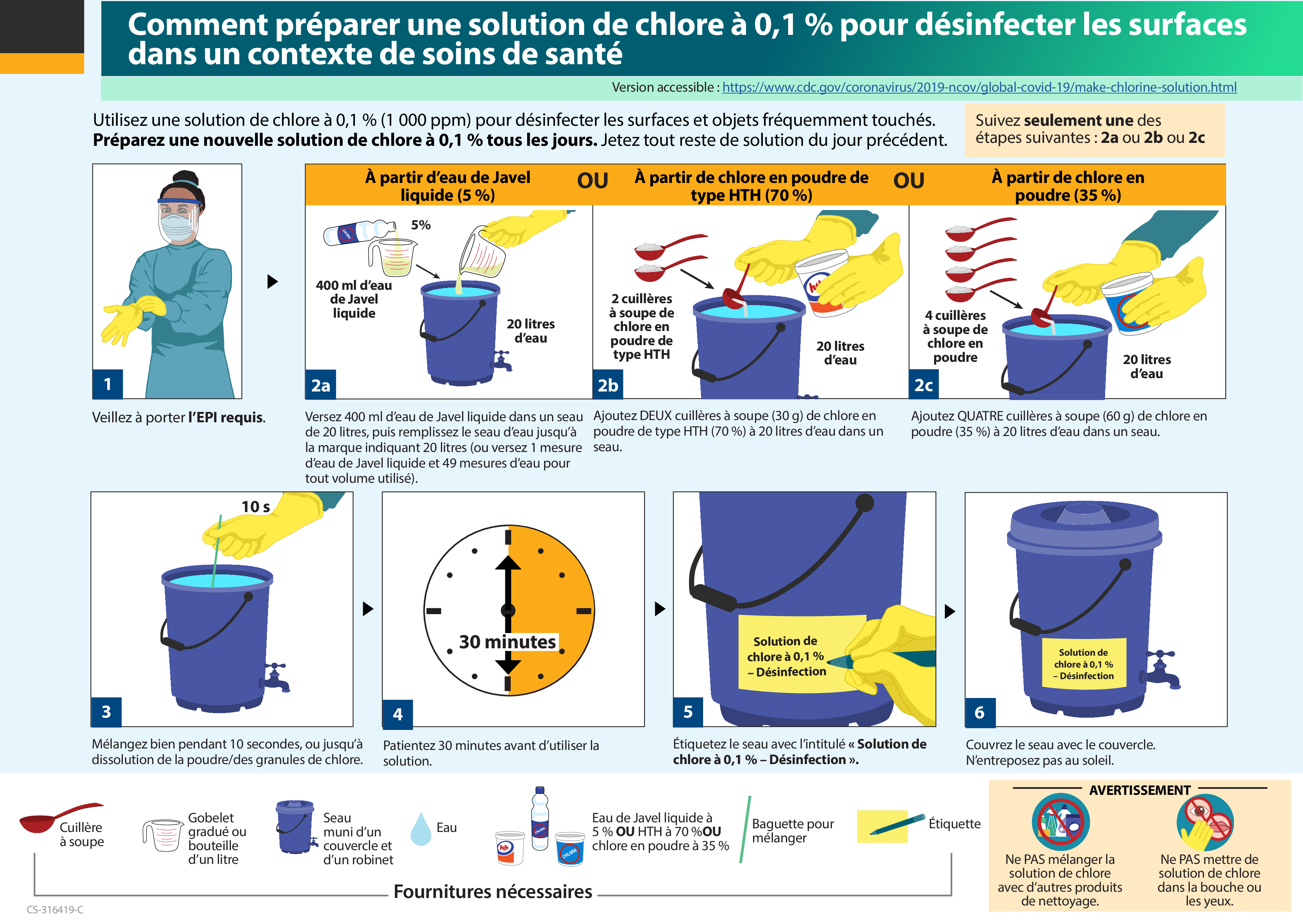 factsheet titled how to make 0.1% chlorine solution to disinfect surfaces in healthcare settings