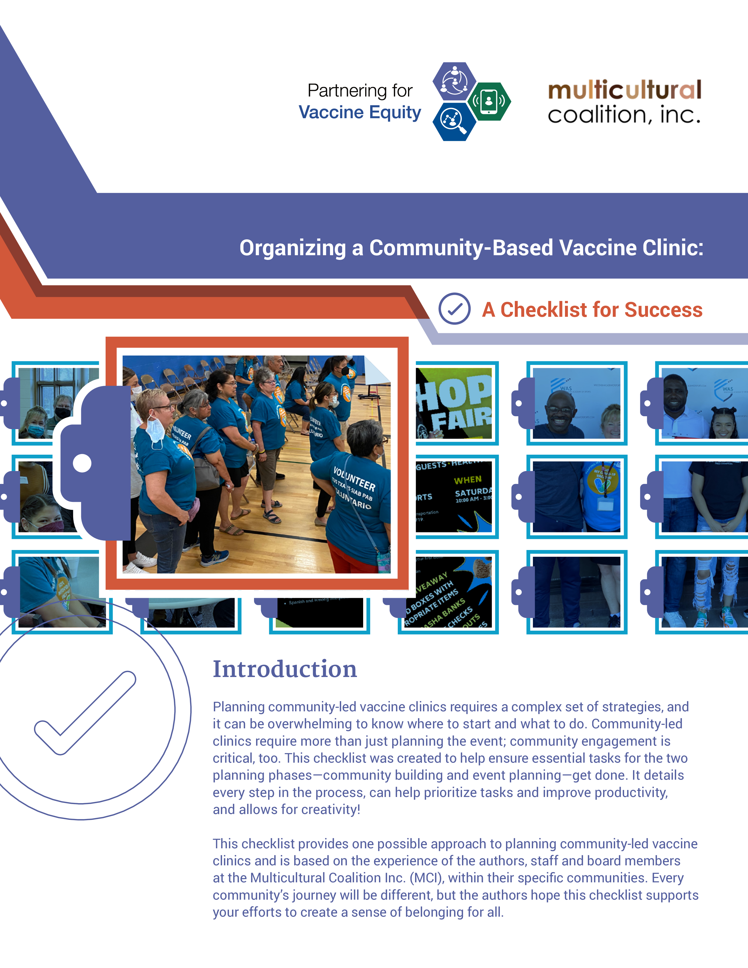 Title page of report features a photo of multiple people at a vaccine event 