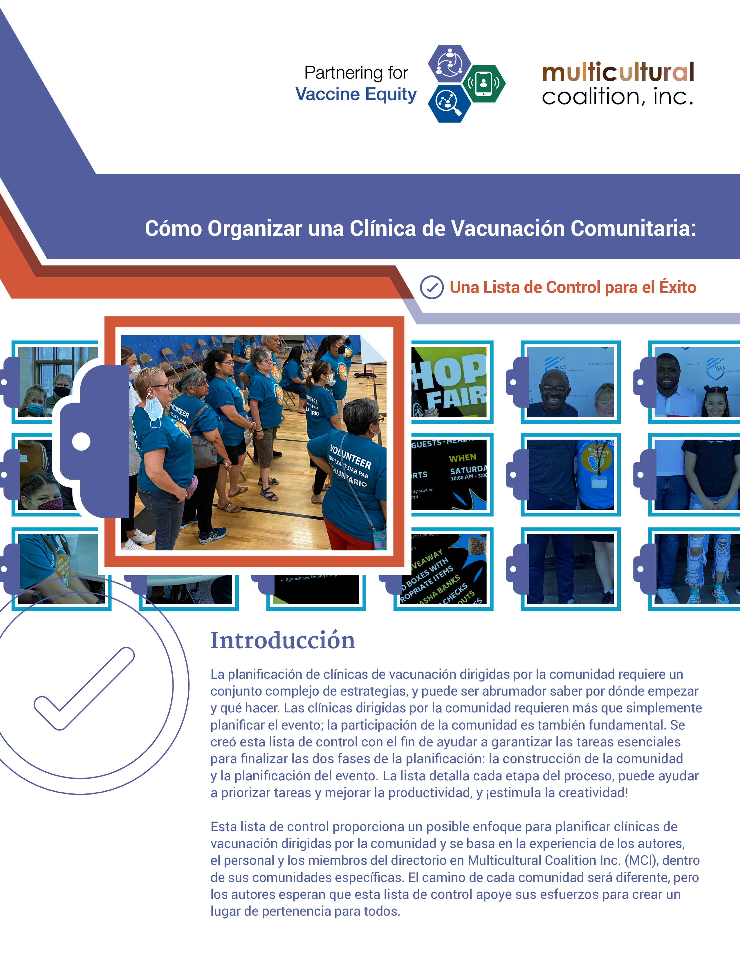 Title page of report features a photo of multiple people at a vaccine event 