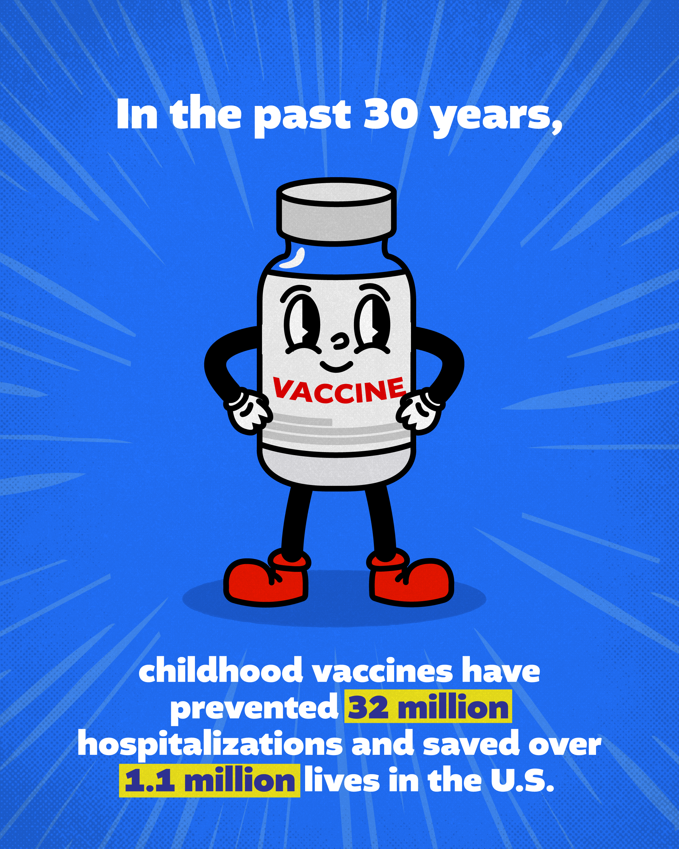 Graphic has a cartoon of a vaccine vial. Text says: In the past 30 years, childhood vaccines have prevented 32 million hospitalizations and saved over 1.1 million lives in the U.S.