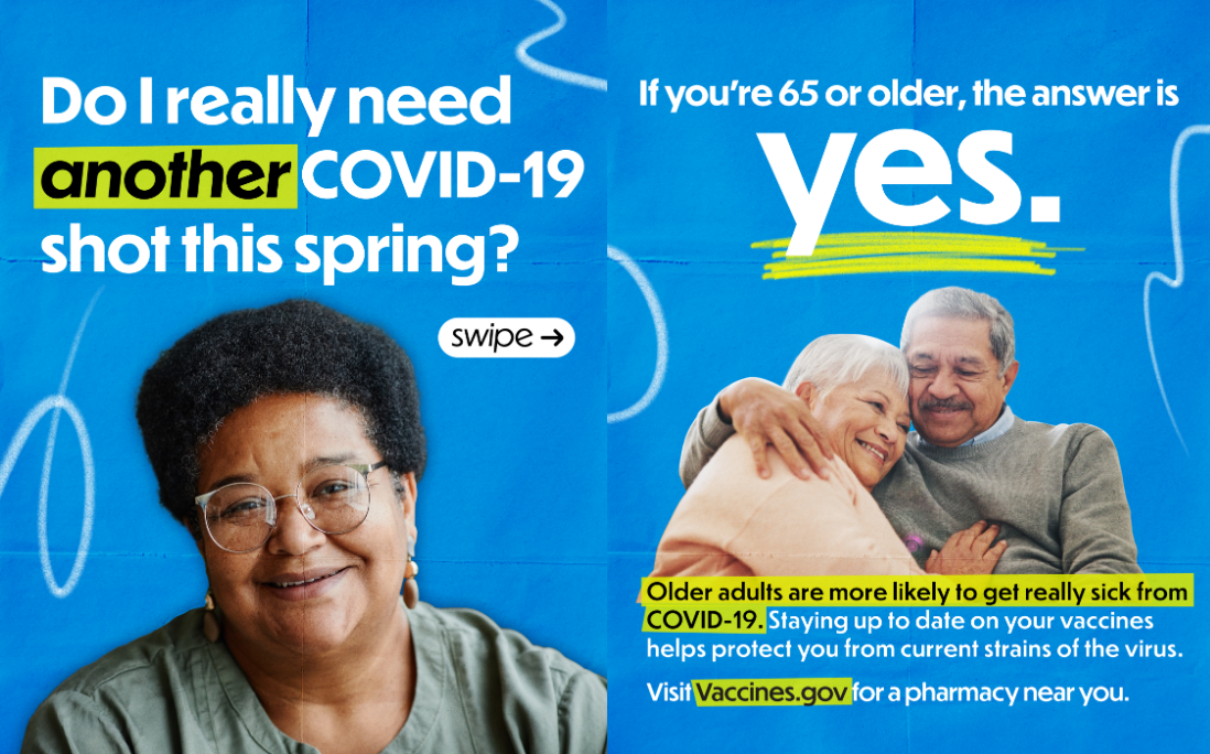 Graphics show an older Black woman smiling, and an older Latino man and Latina woman smiling and hugging each other.