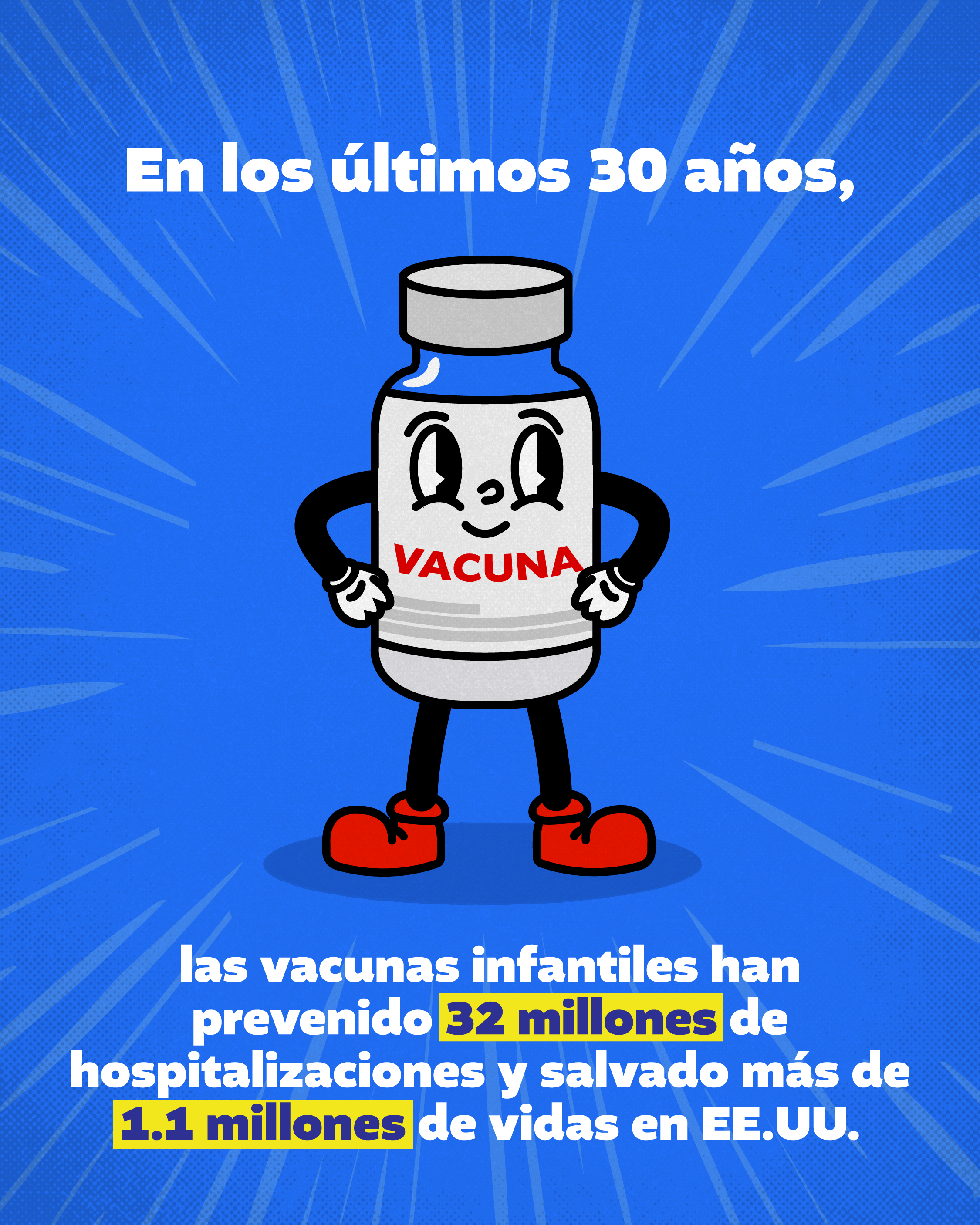 Graphic has a cartoon of a vaccine vial. Text says: In the past 30 years, childhood vaccines have prevented 32 million hospitalizations and saved over 1.1 million lives in the U.S.