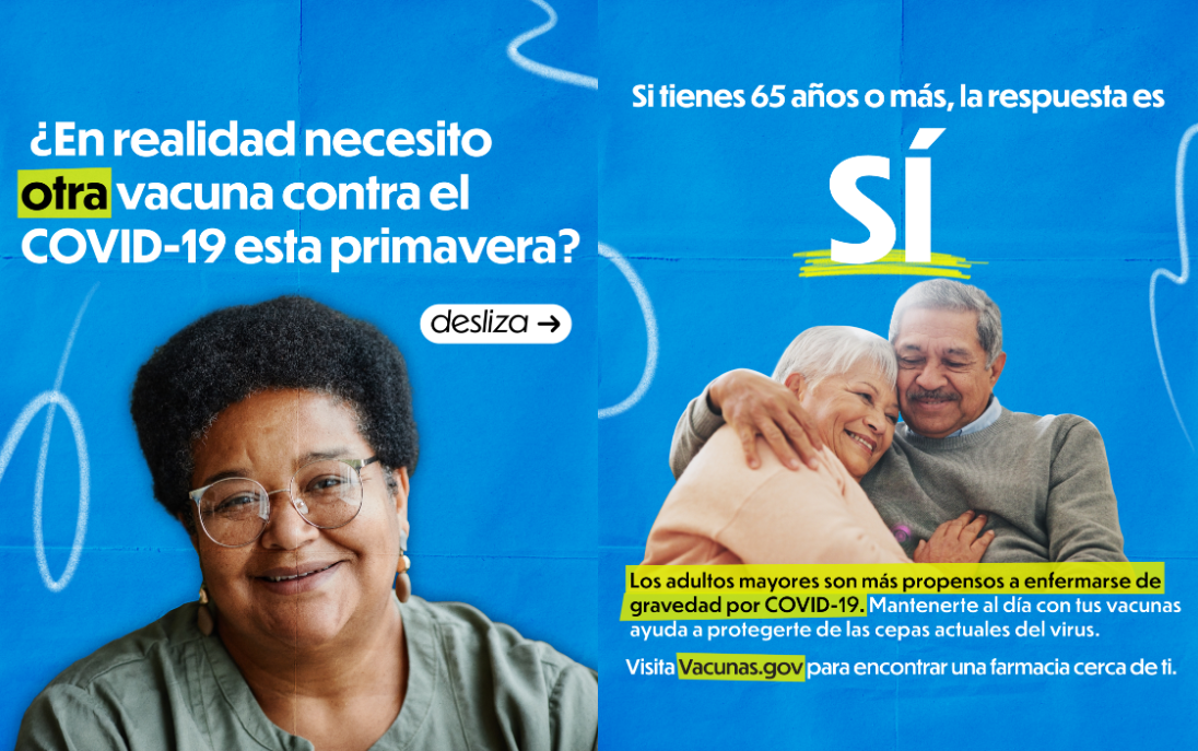Graphics show an older Black woman smiling, and an older Latino man and Latina woman smiling and hugging each other.