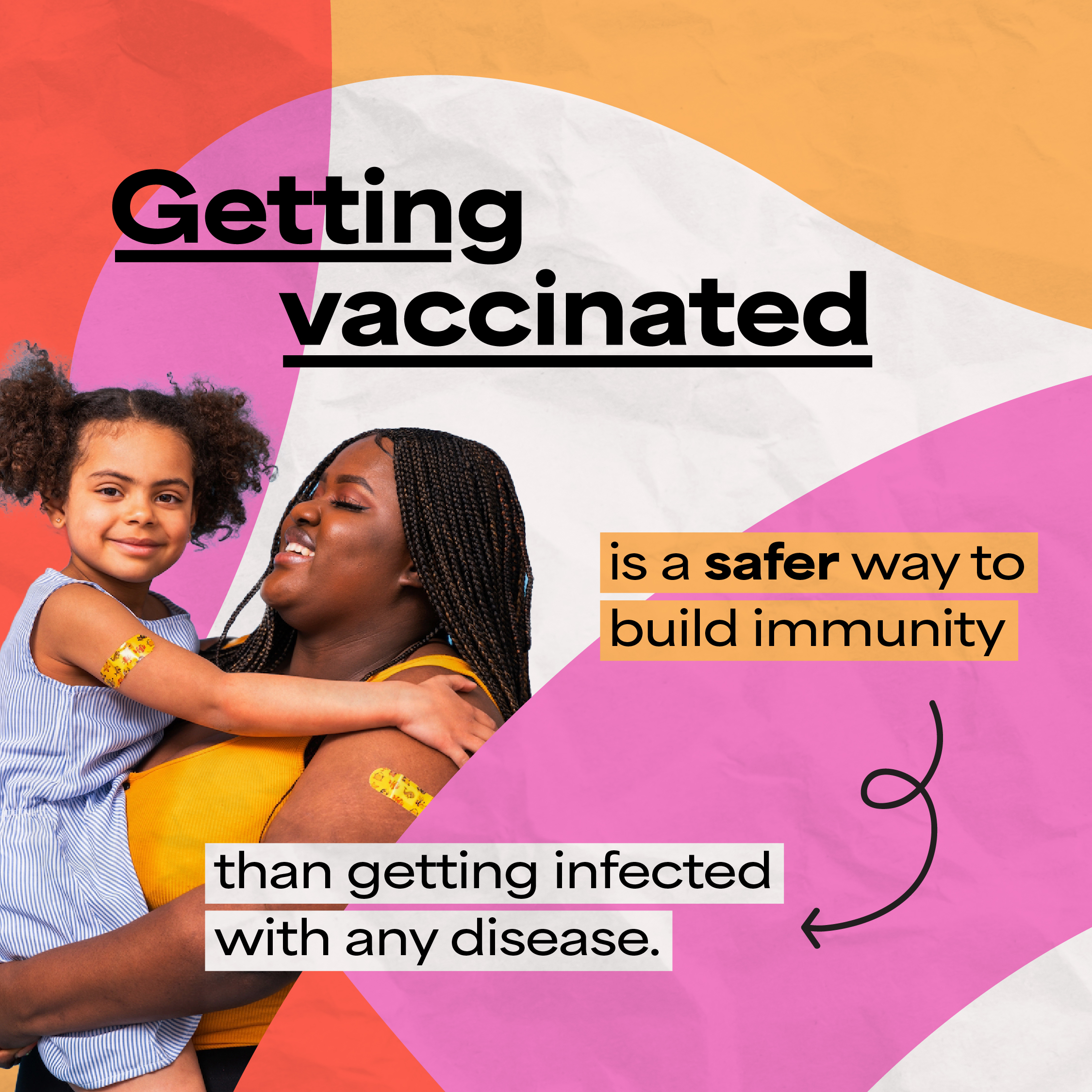 Graphic shows an image of a Black mother holding her daughter, both of whom have bandages on their arms after getting vaccinated.