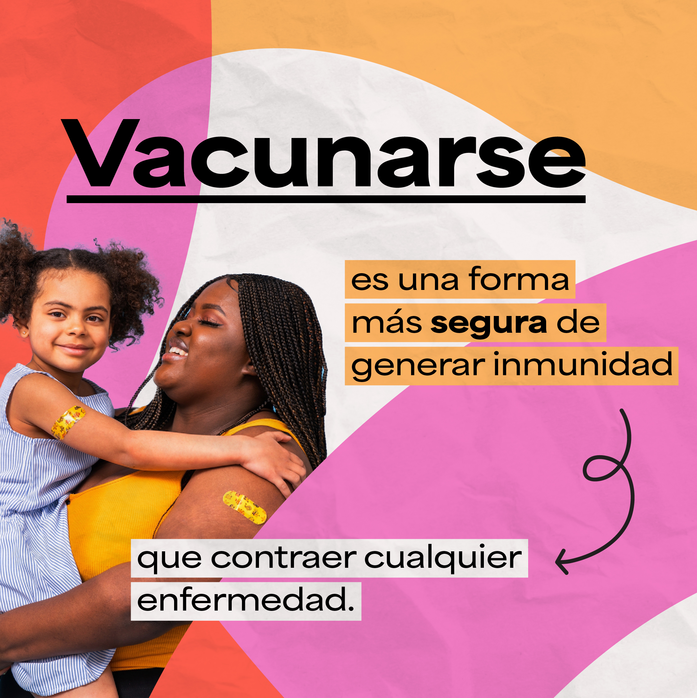 Graphic shows an image of a Black mother holding her daughter, both of whom have bandages on their arms after getting vaccinated.